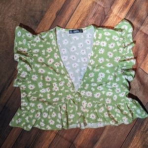 Green Daisy Floral Peplum Crop Top